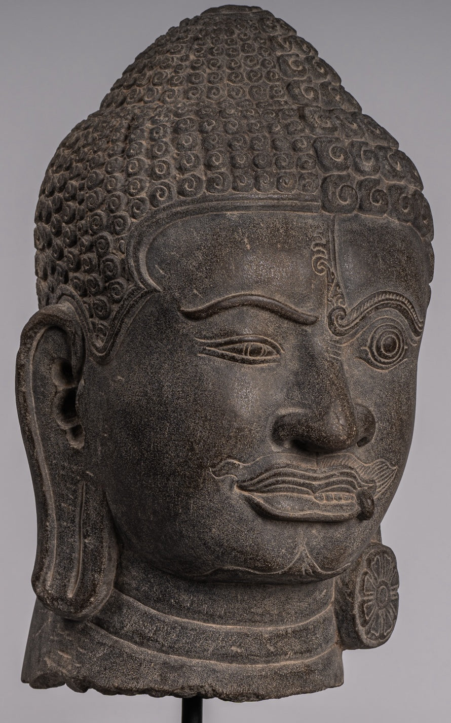 Shiva Statue - Antique Khmer Style Grey Stone Yaksha & Yakshaswaroop Shiva Head  - 48cm/19"