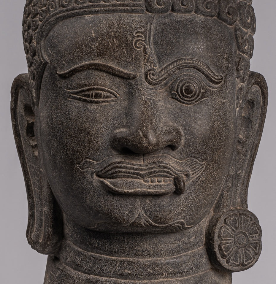 Shiva Statue - Antique Khmer Style Grey Stone Yaksha & Yakshaswaroop Shiva Head  - 48cm/19"