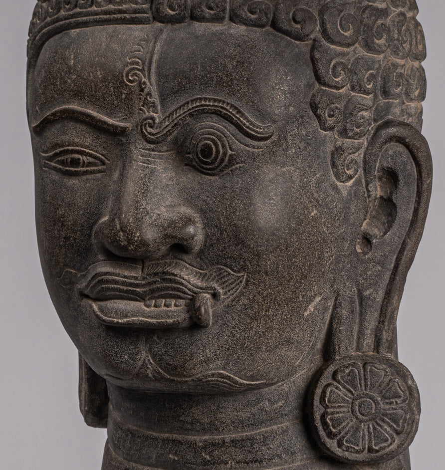 Shiva Statue - Antique Khmer Style Grey Stone Yaksha & Yakshaswaroop Shiva Head  - 48cm/19"