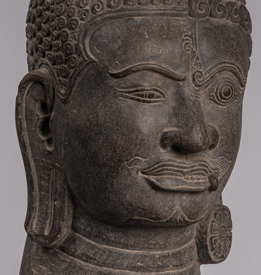 Shiva Statue - Antique Khmer Style Grey Stone Yaksha & Yakshaswaroop Shiva Head  - 48cm/19"