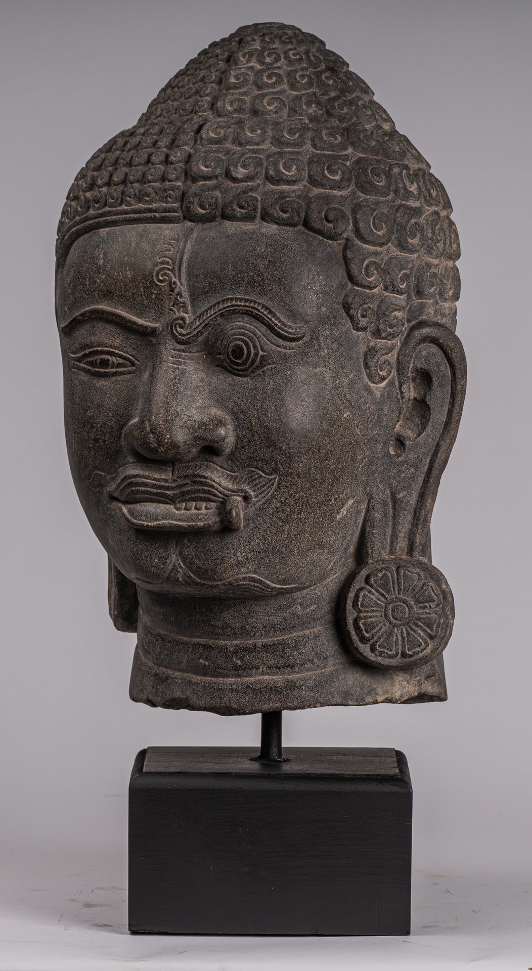 Shiva Statue - Antique Khmer Style Grey Stone Yaksha & Yakshaswaroop Shiva Head  - 48cm/19"