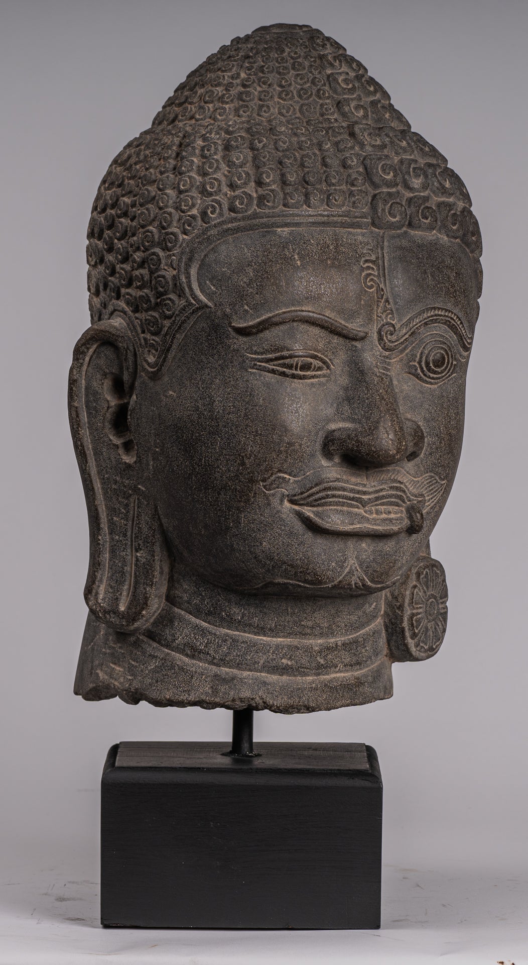 Shiva Statue - Antique Khmer Style Grey Stone Yaksha & Yakshaswaroop Shiva Head  - 48cm/19"