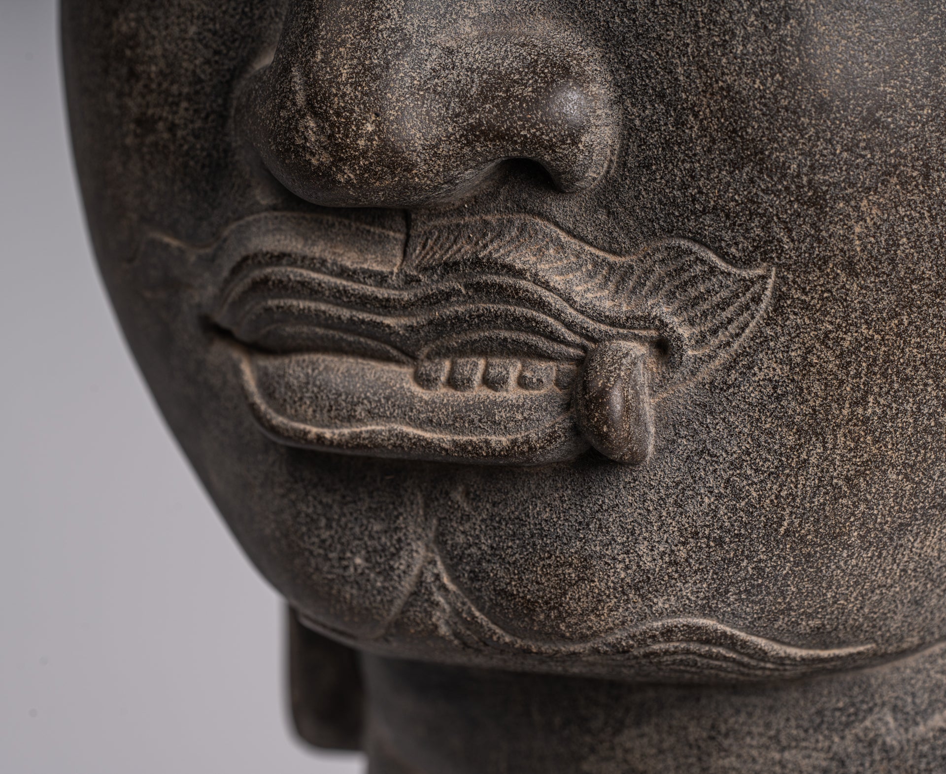 Shiva Statue - Antique Khmer Style Grey Stone Yaksha & Yakshaswaroop Shiva Head  - 48cm/19"