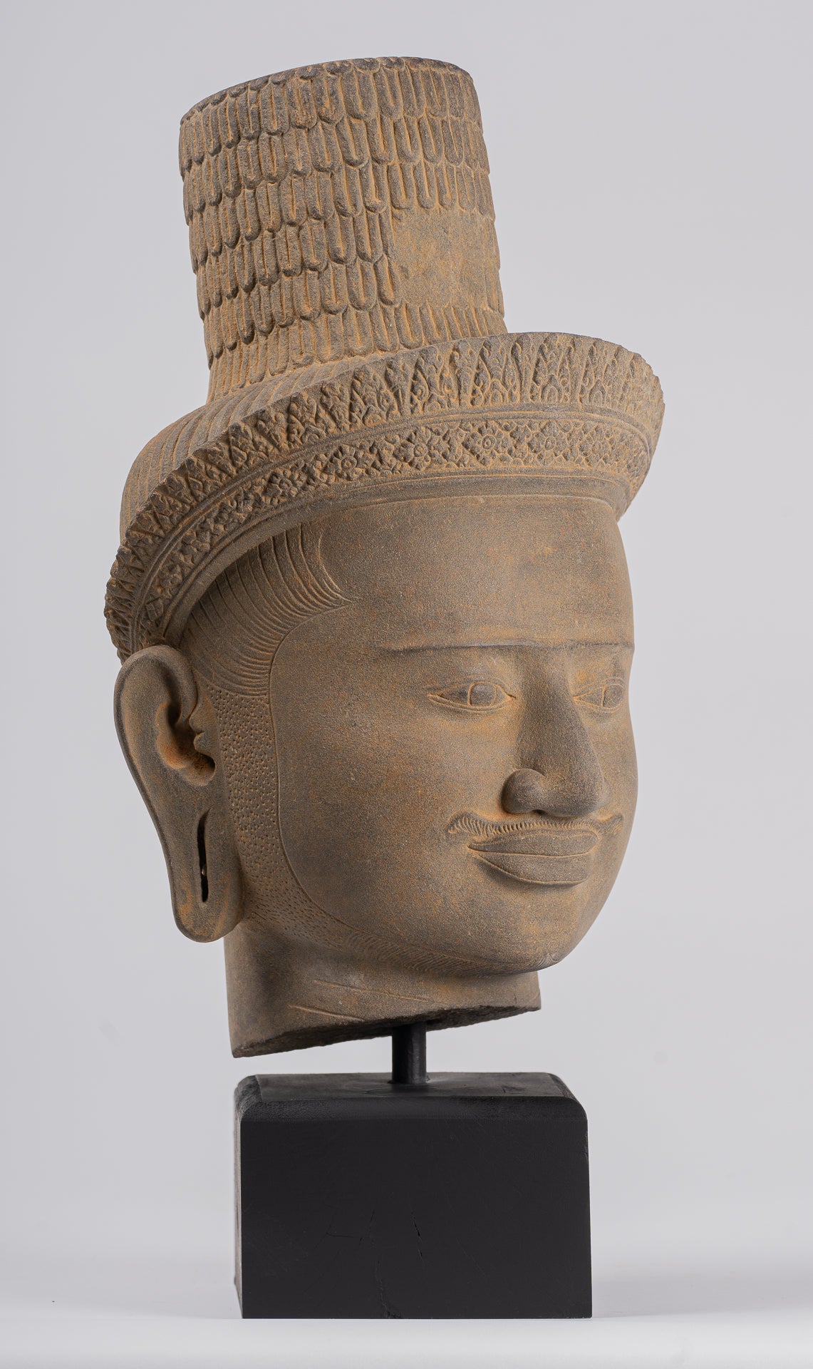 Vishnu Statue - Antique Koh Ker Style Stone Mounted Khmer Vishnu Head - 43cm / 17"