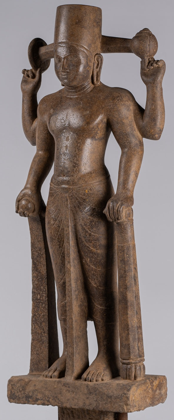 Vishnu Sculpture - Antique Pre-Angkor Style Mounted Sandstone Vishnu Statue - 91cm/36"