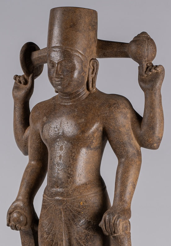 Vishnu Sculpture - Antique Pre-Angkor Style Mounted Sandstone Vishnu Statue - 91cm/36"