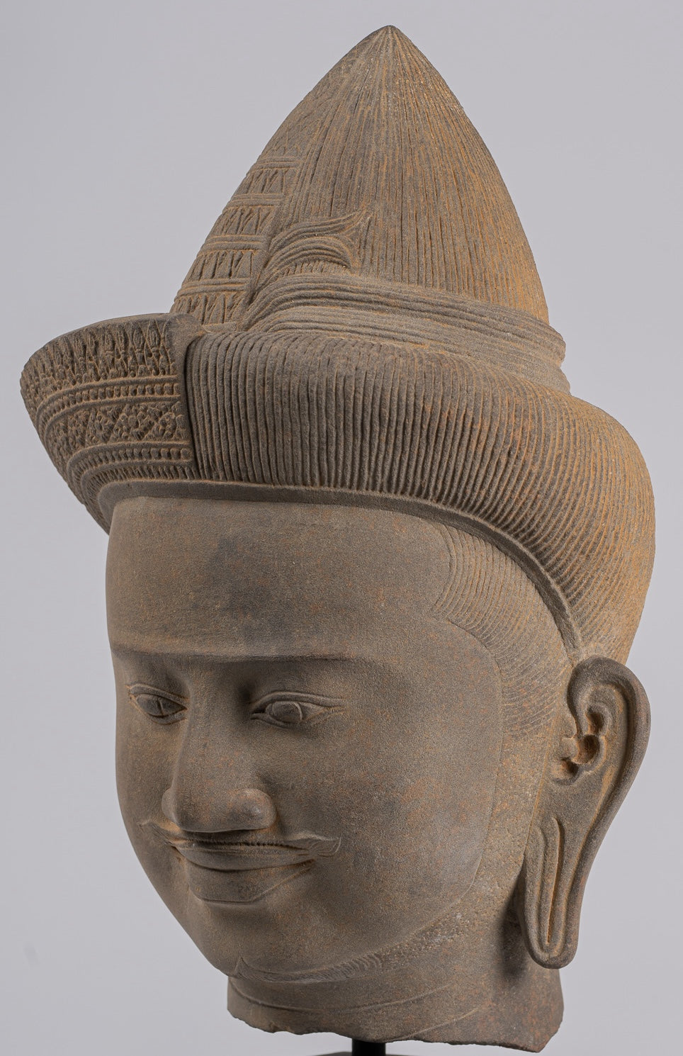 Vishnu Statue - Antique Baphuon Style Stone Mounted Khmer Vishnu Head - 43cm / 17"