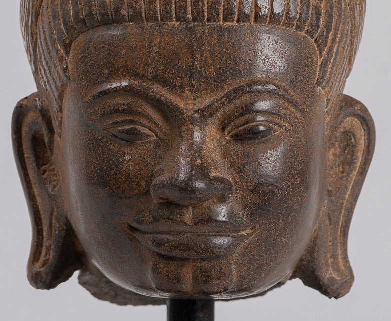 Lakshmi Statue - Antique Baphuon Style Stone Lakshmi / Devi Consort of Vishnu Head - 34cm/14"