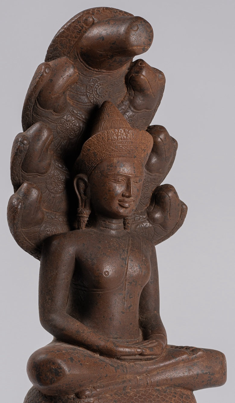 Buddha Statue - Antique Bayon Style Khmer Stone Seated Naga Meditation Buddha - 55cm/22"