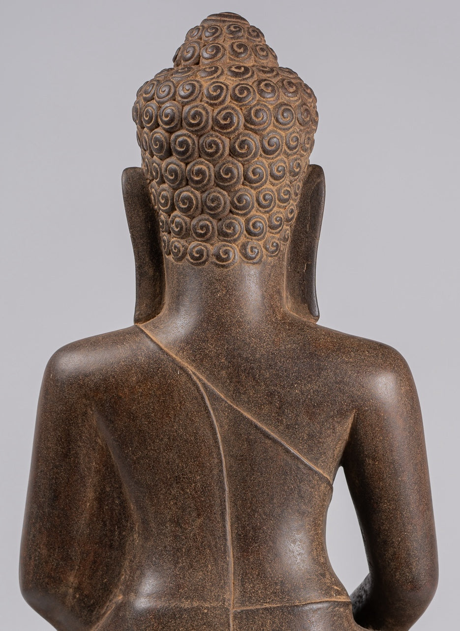 Large Buddha Statue - Antique Khmer Style Seated Stone Phnom Da Meditation Buddha Statue - 56cm/22"