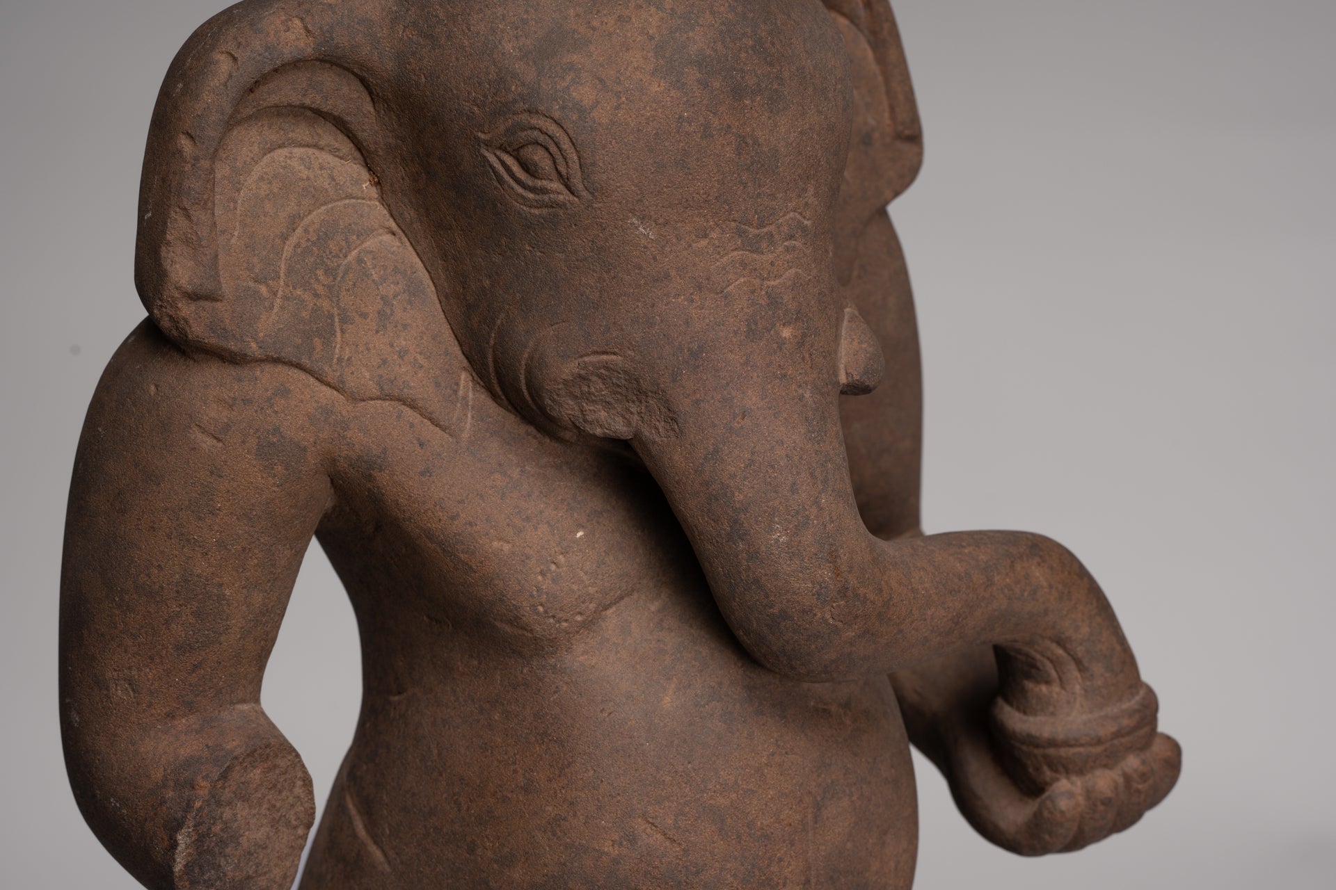 Ganesha Statue - Antique Vietnamese Style Stone Cham Mounted Ganesha Torso Statue - 67cm/27"