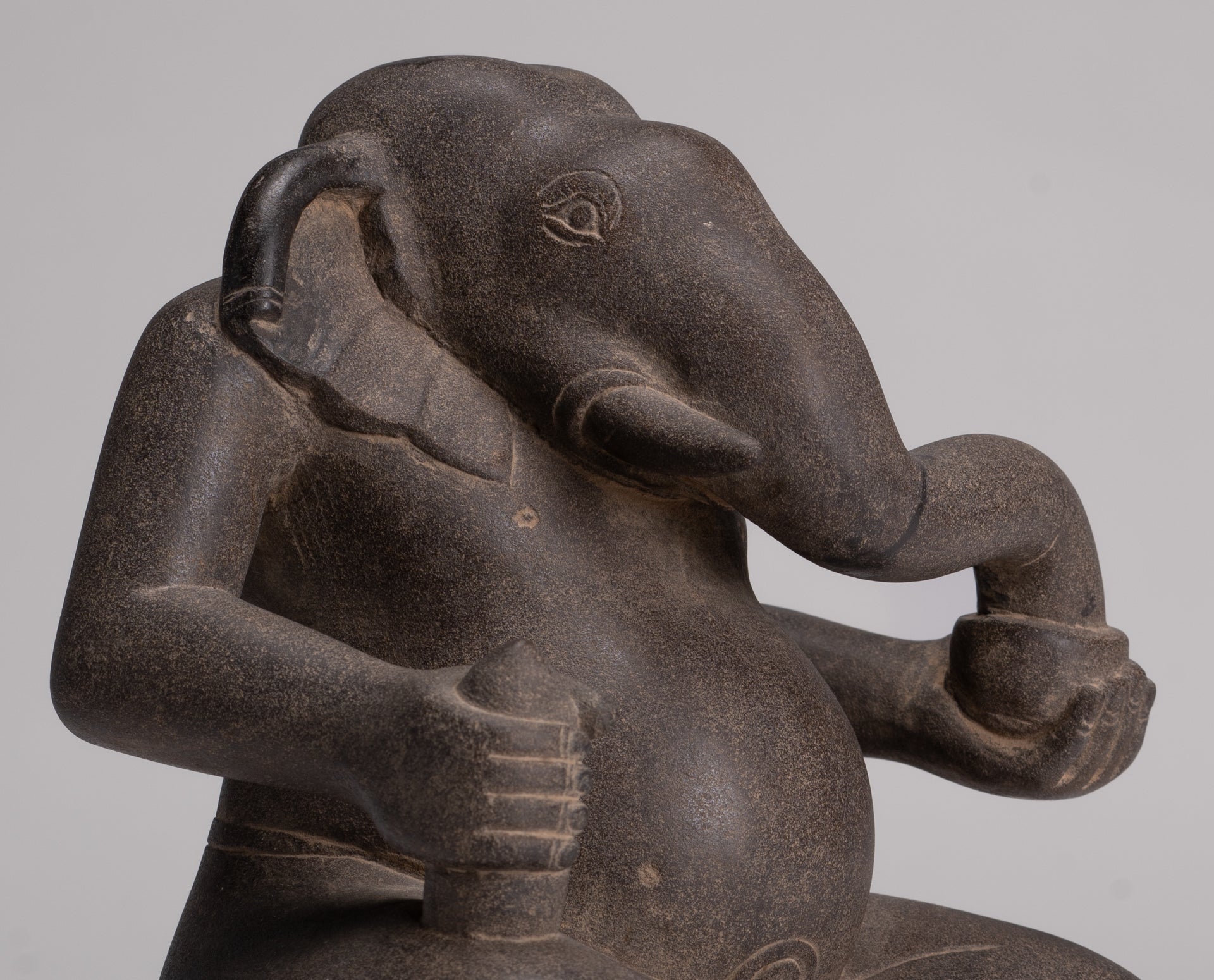 Antique Cham Style Vietnamese Seated Stone Ganesha Statue - 19cm/8"