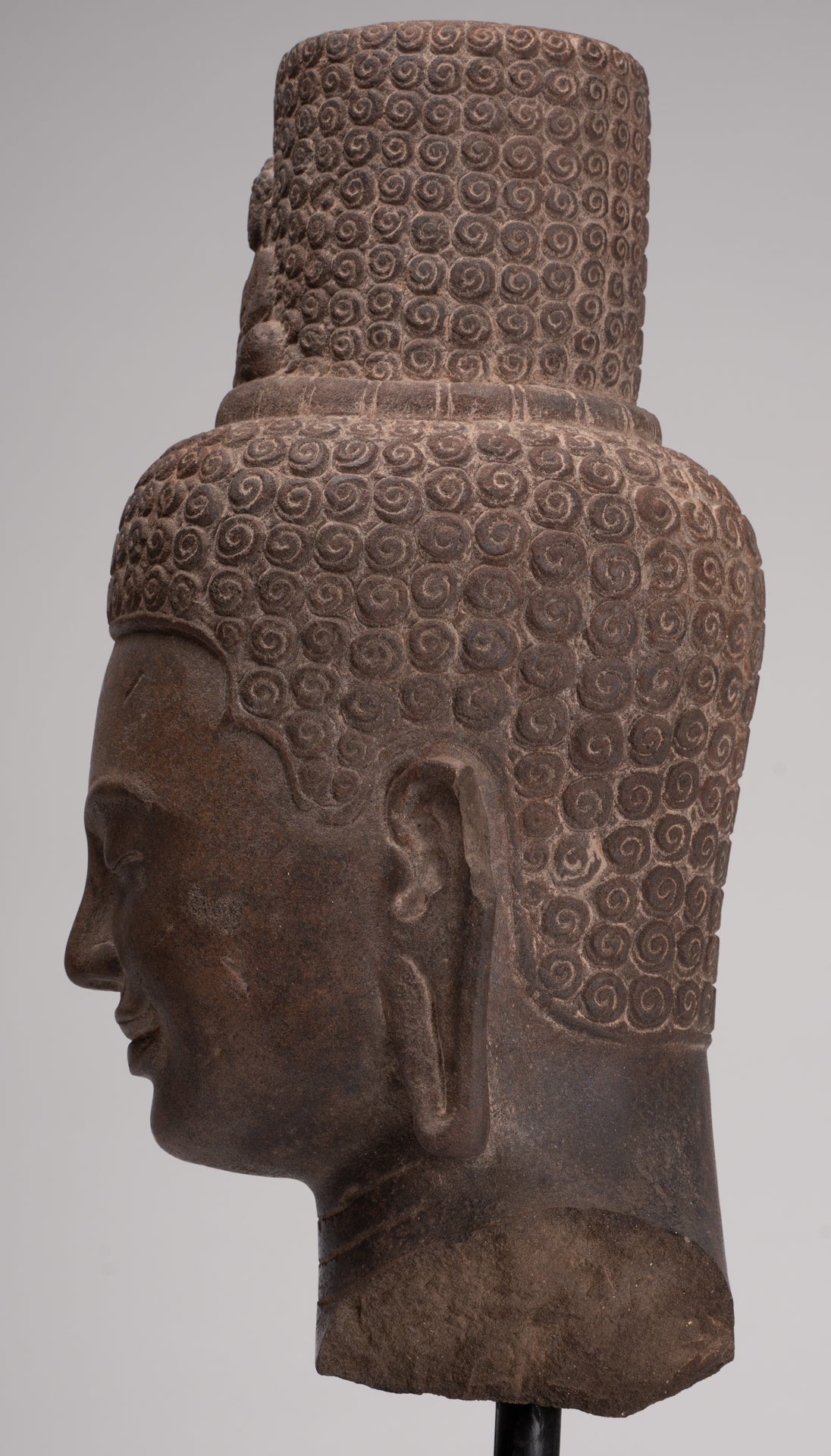 Lokeshvara Statue - Antique Khmer Style Mounted Stone Bayon Style Lokeshvara Head - 48cm/19"