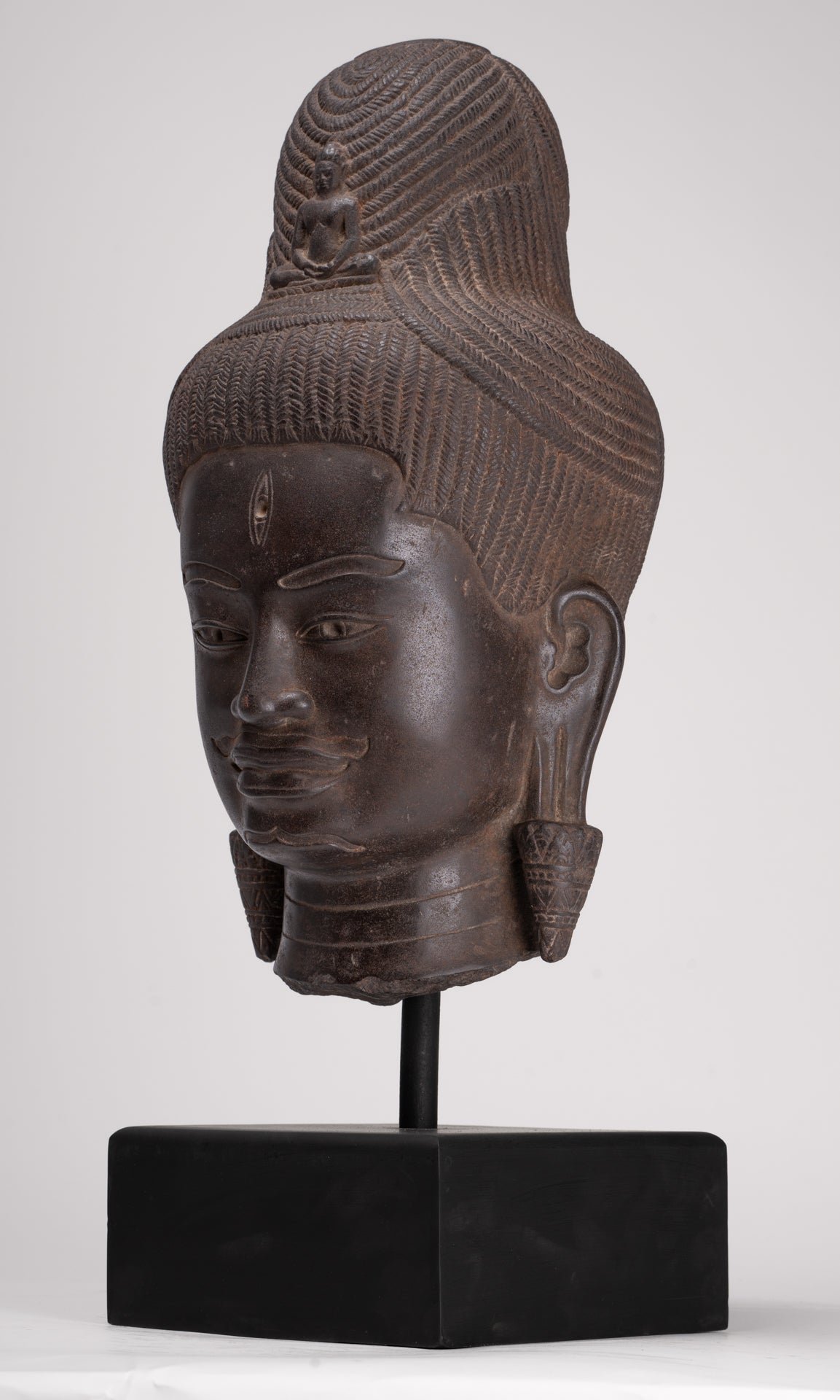 Lokeshvara Statue - Antique Khmer Style Mounted Stone Baphuon Style Lokeshvara Head - 55cm/22"