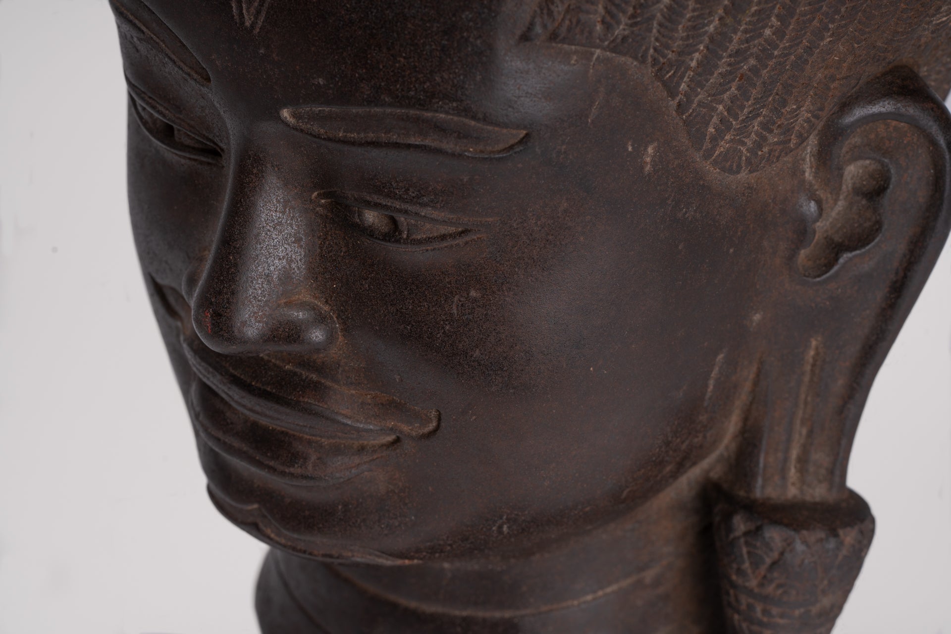 Lokeshvara Statue - Antique Khmer Style Mounted Stone Baphuon Style Lokeshvara Head - 55cm/22"