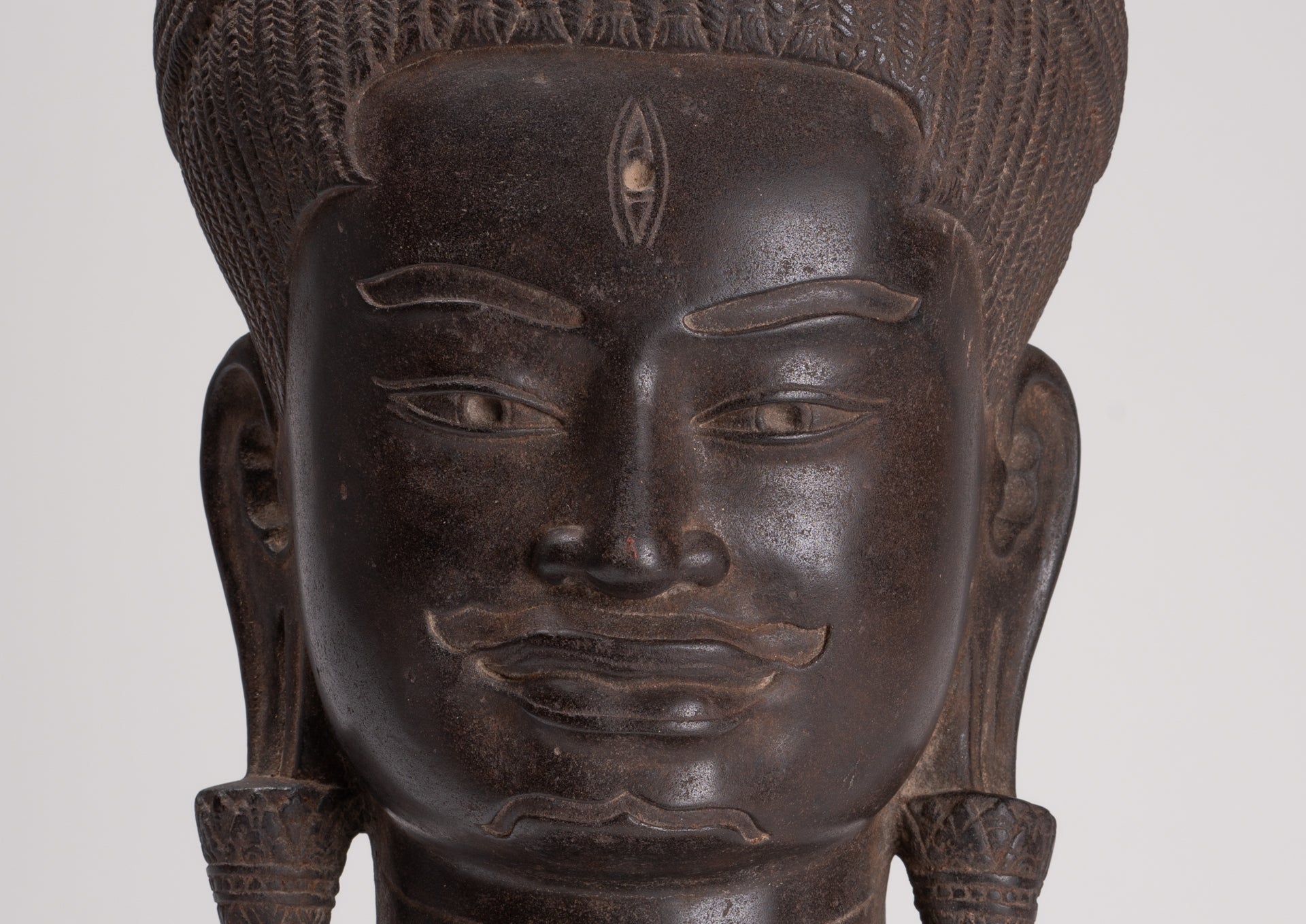 Lokeshvara Statue - Antique Khmer Style Mounted Stone Baphuon Style Lokeshvara Head - 55cm/22"