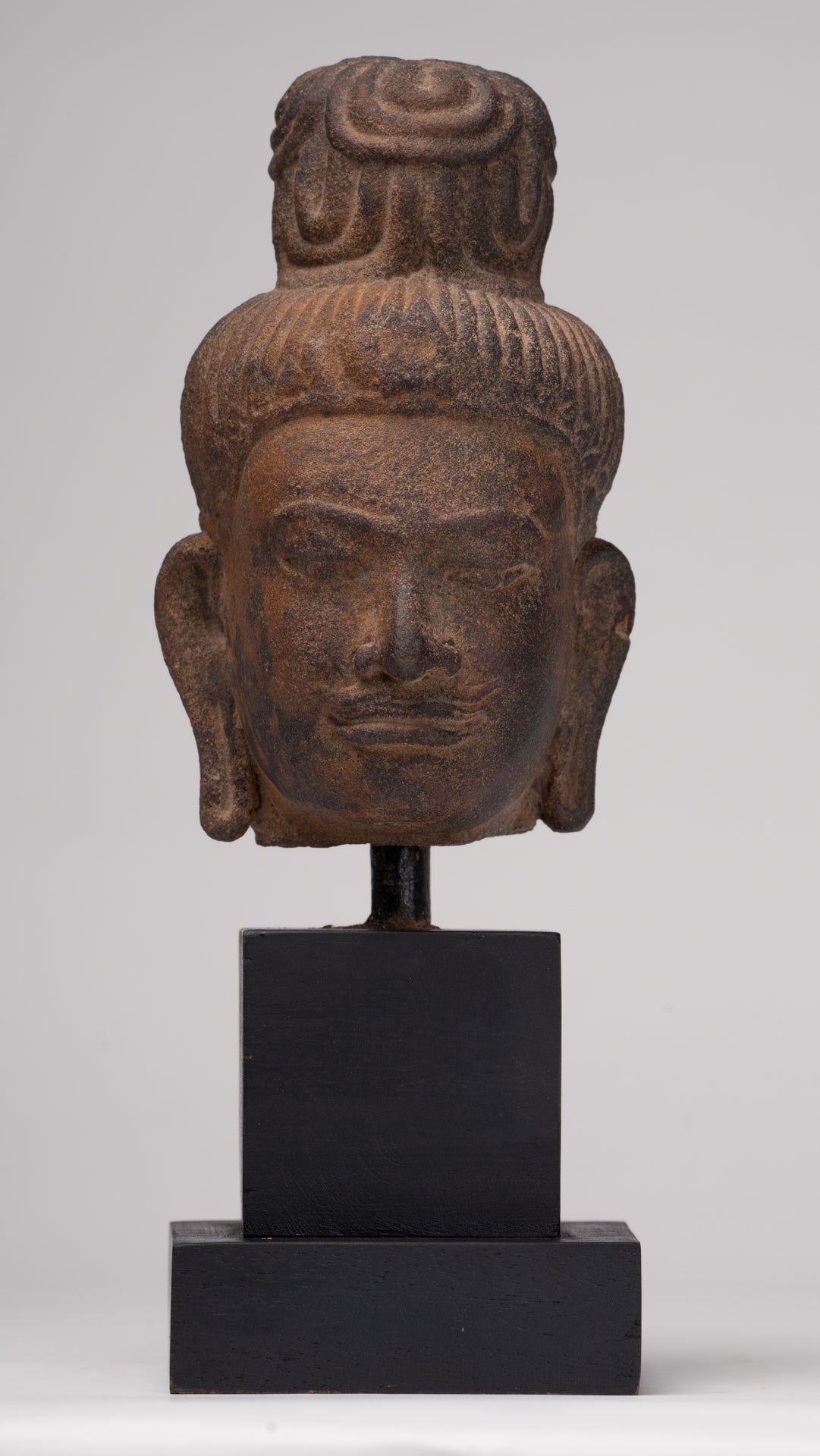 Vishnu Statue - Antique Prei Khmeng Style Stone Mounted Khmer Vishnu Head - 25cm / 10"