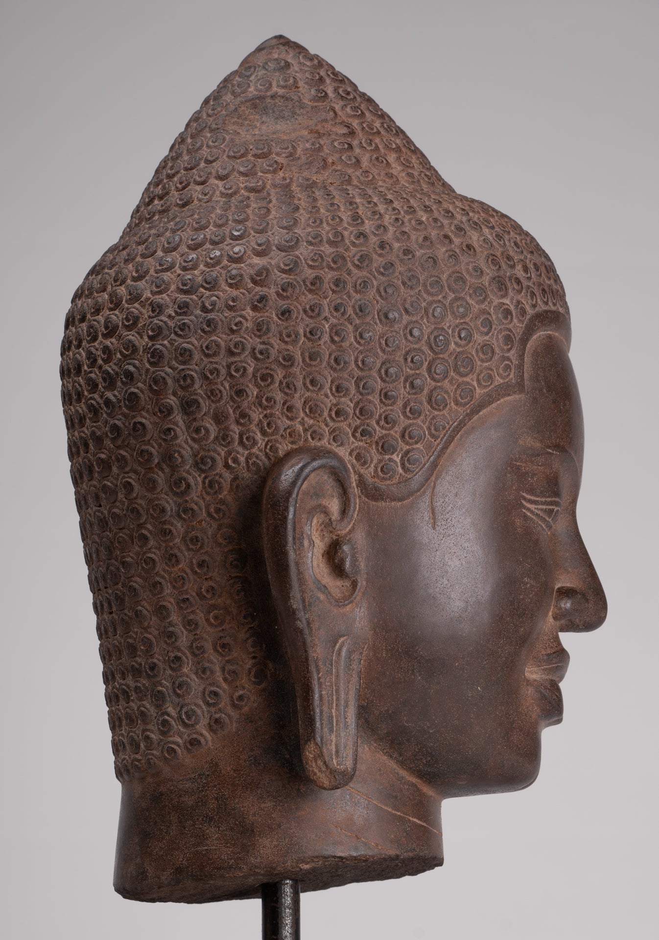 Buddha Statue - Antique Pre-Angkor Style Mounted Stone Khmer Buddha Head - 55cm/22" Tall