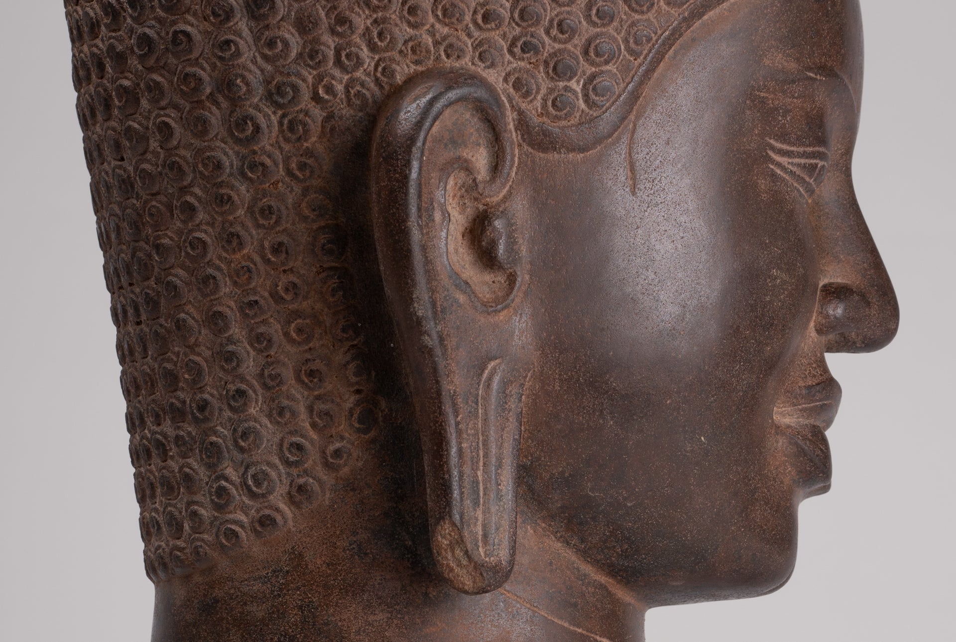 Buddha Statue - Antique Pre-Angkor Style Mounted Stone Khmer Buddha Head - 55cm/22" Tall