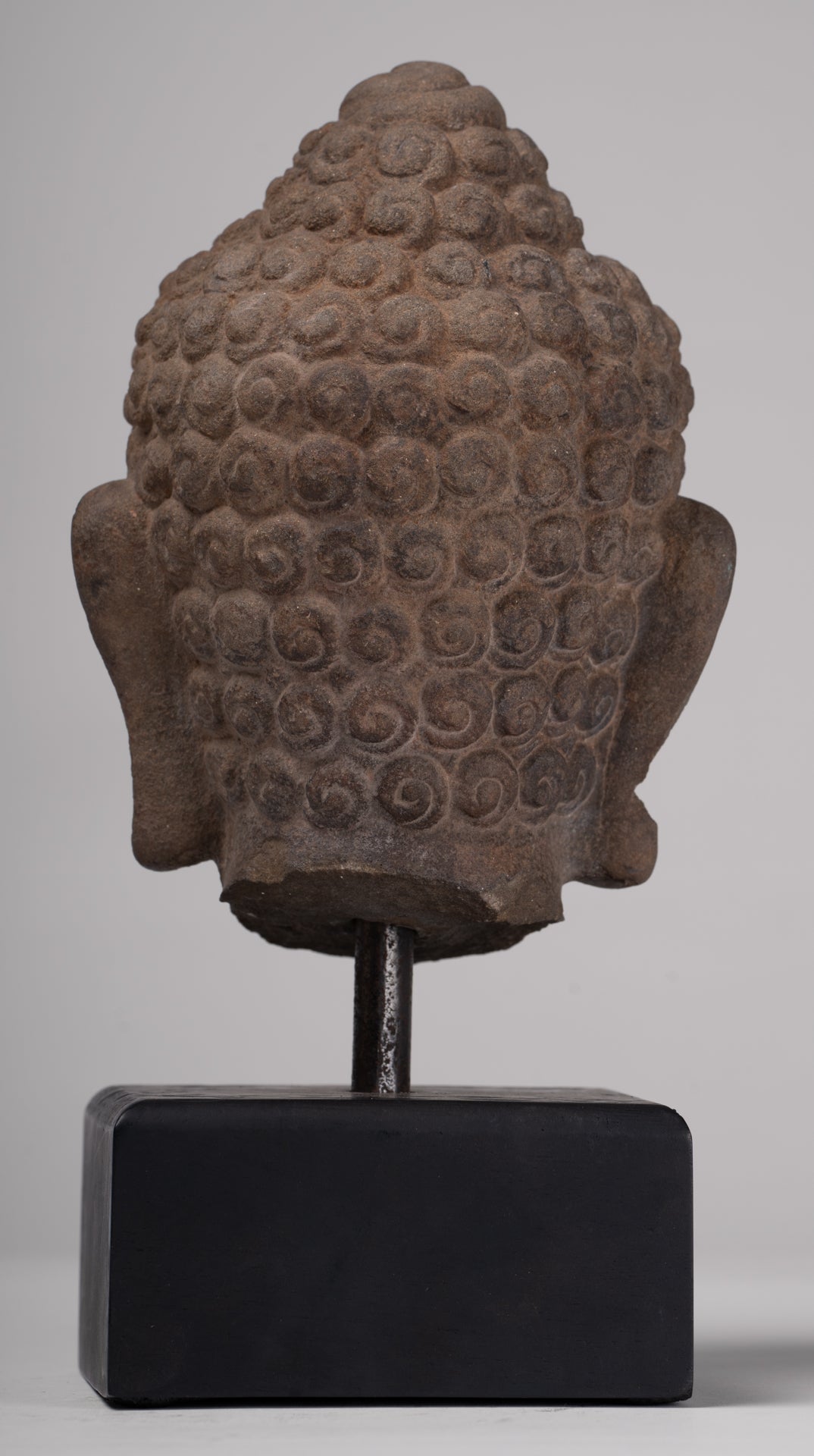 Buddha Statue - Antique Phnom Da Style Mounted Stone Khmer Buddha Head - 26cm/10" Tall