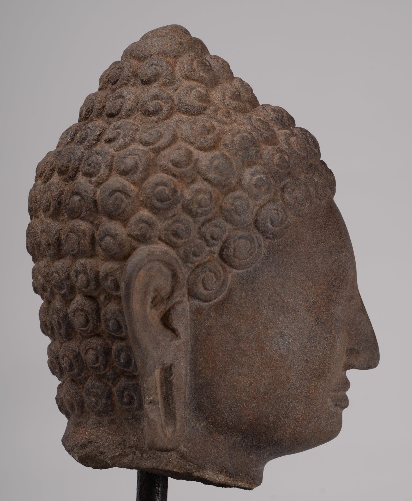 Buddha Statue - Antique Phnom Da Style Mounted Stone Khmer Buddha Head - 26cm/10" Tall