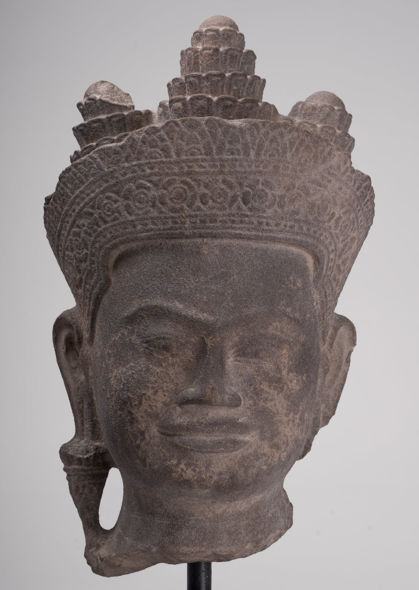 Jayavarman Statue - Antique Khmer Style Mounted Stone Jayavarman VII Head Statue - 53cm/21"