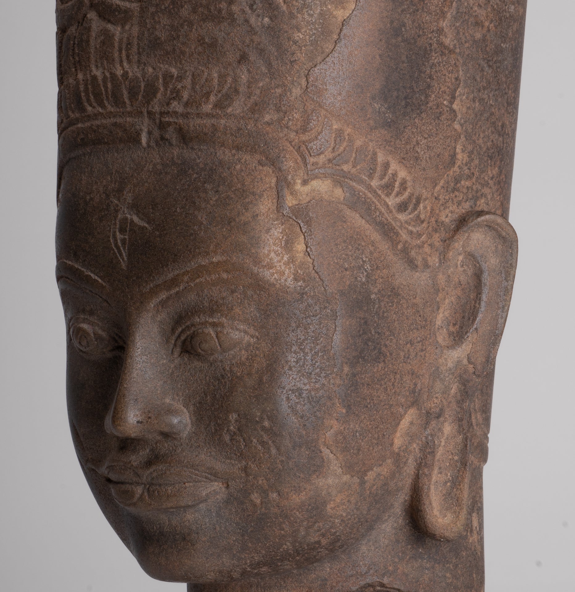 HariHara Statue - Antique Phnom Da Style Stone Khmer Hari Hara or Vishnu & Shiva Head - 43cm/17"