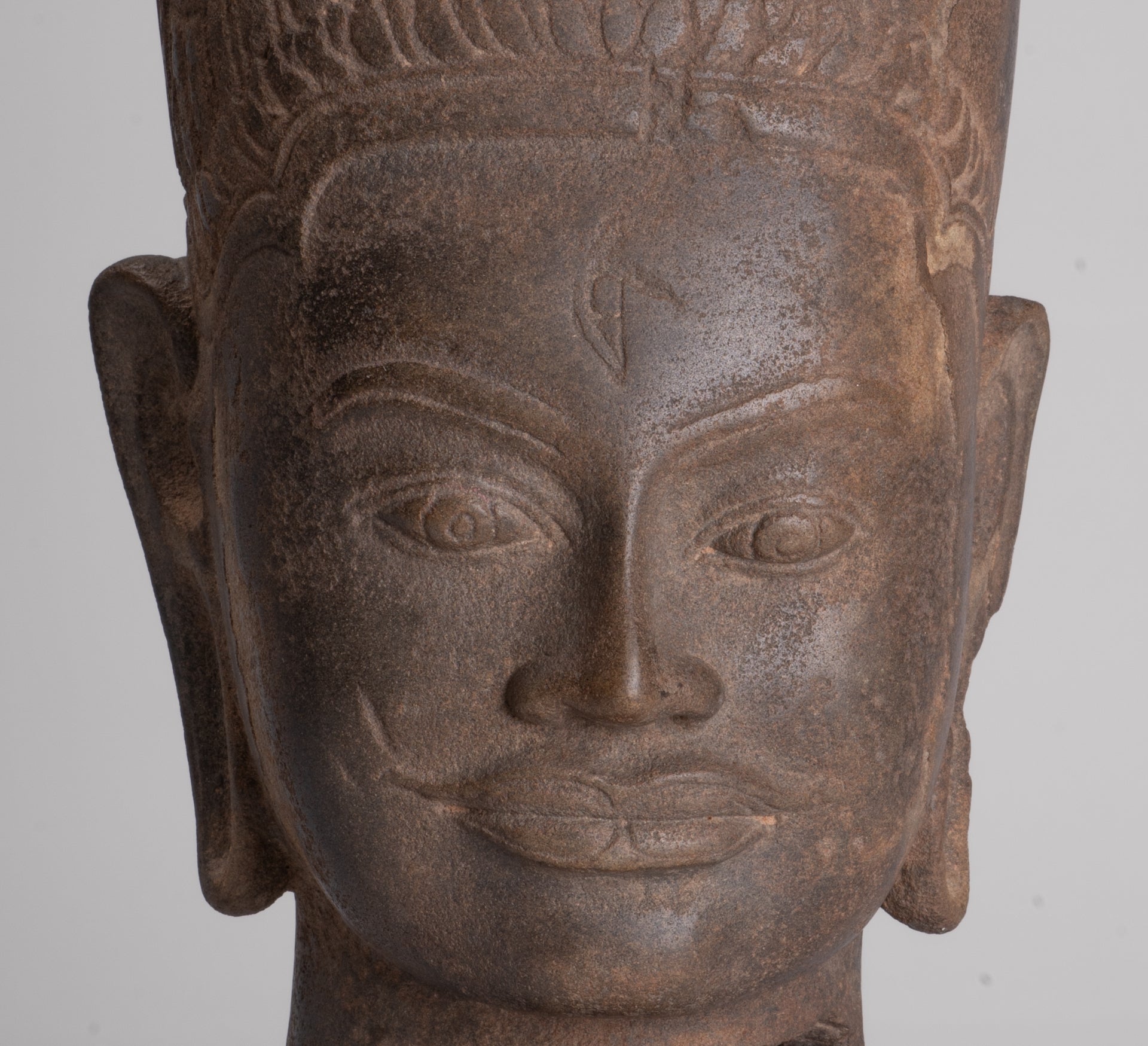 HariHara Statue - Antique Phnom Da Style Stone Khmer Hari Hara or Vishnu & Shiva Head - 43cm/17"