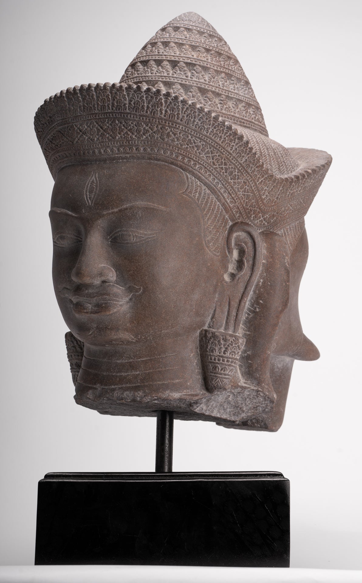 Shiva Ganesha Statue - Antique Banteay Srei Style Khmer Stone Shiva & Ganesha Statue Head - 54cm/22"