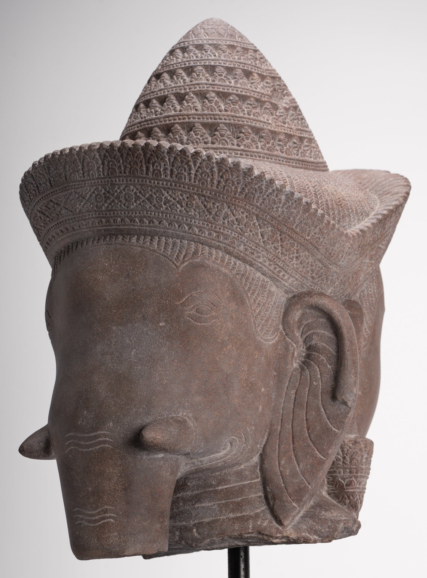 Shiva Ganesha Statue - Antique Banteay Srei Style Khmer Stone Shiva & Ganesha Statue Head - 54cm/22"