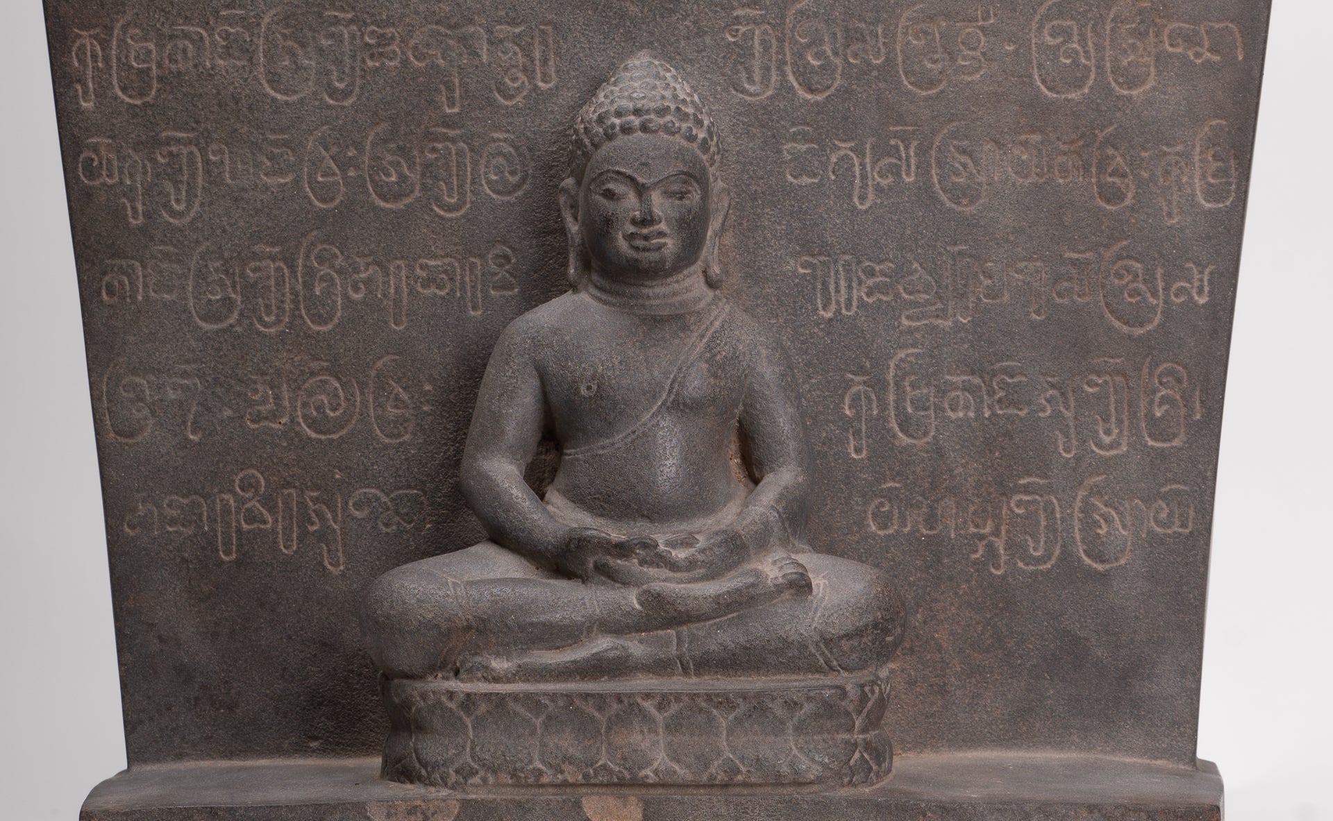 Buddha Statue - Antique Khmer Style Stone Stele Seated Meditation Buddha Statue - 61cm/24"