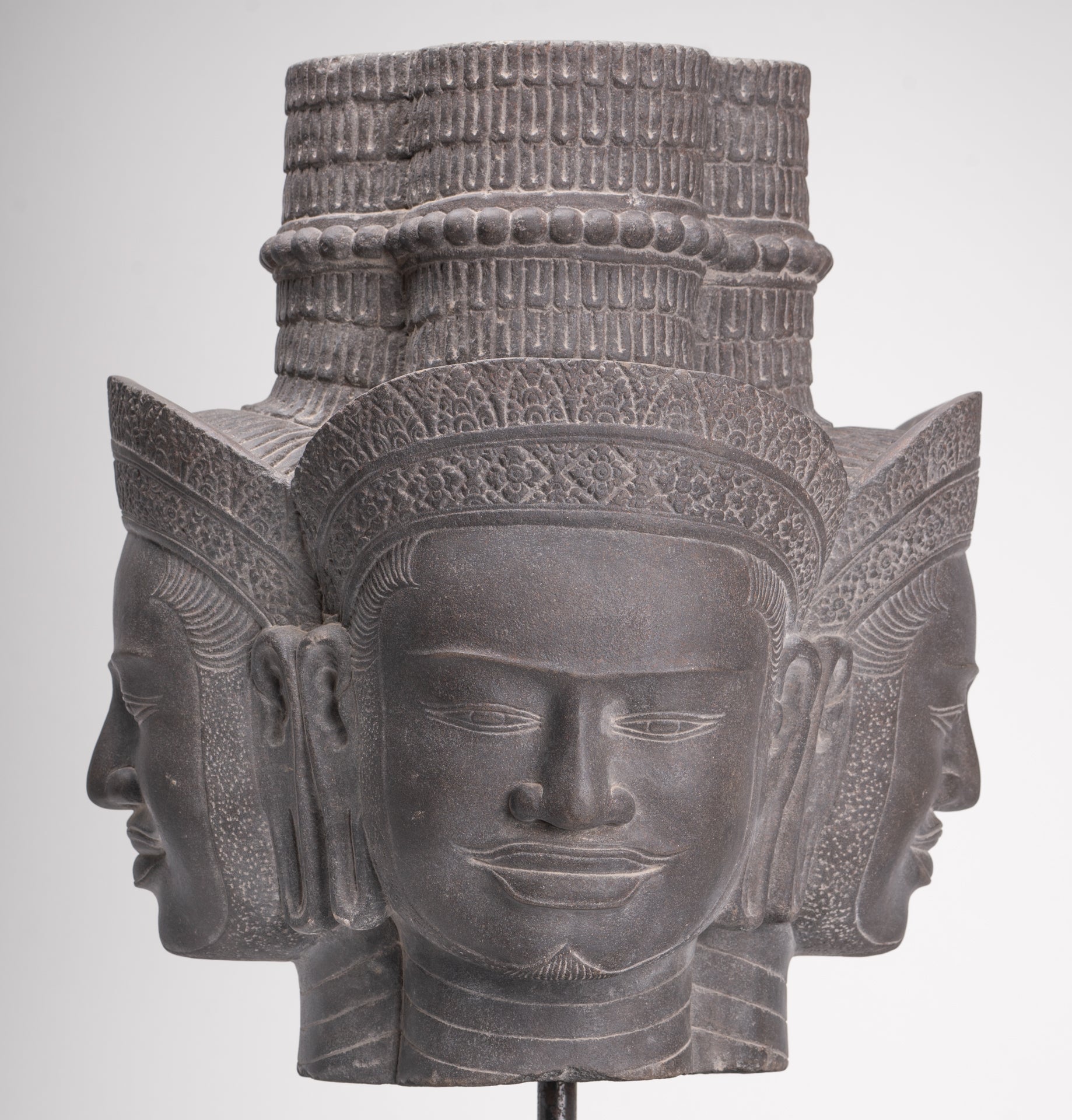 Brahma Statue - Antique Khmer Style Koh Ker Mounted Stone Brahma Head - Hindu God Creation - 60cm/24"