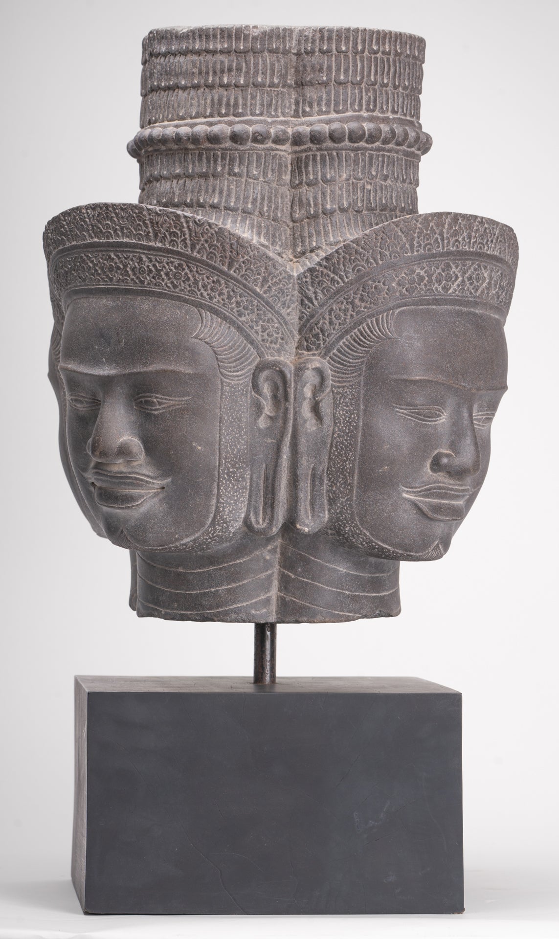 Brahma Statue - Antique Khmer Style Koh Ker Mounted Stone Brahma Head - Hindu God Creation - 60cm/24"