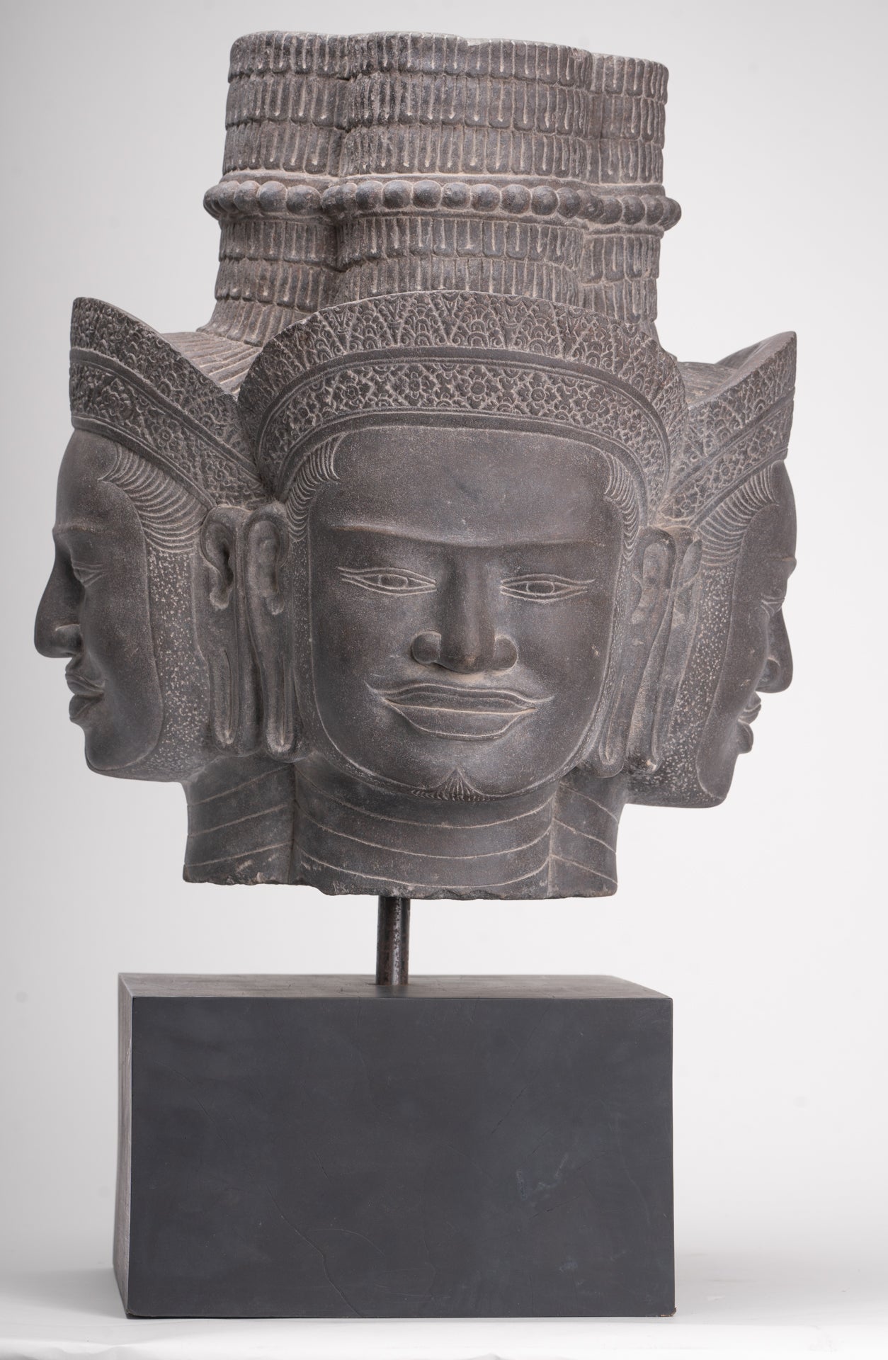 Brahma Statue - Antique Khmer Style Koh Ker Mounted Stone Brahma Head - Hindu God Creation - 60cm/24"