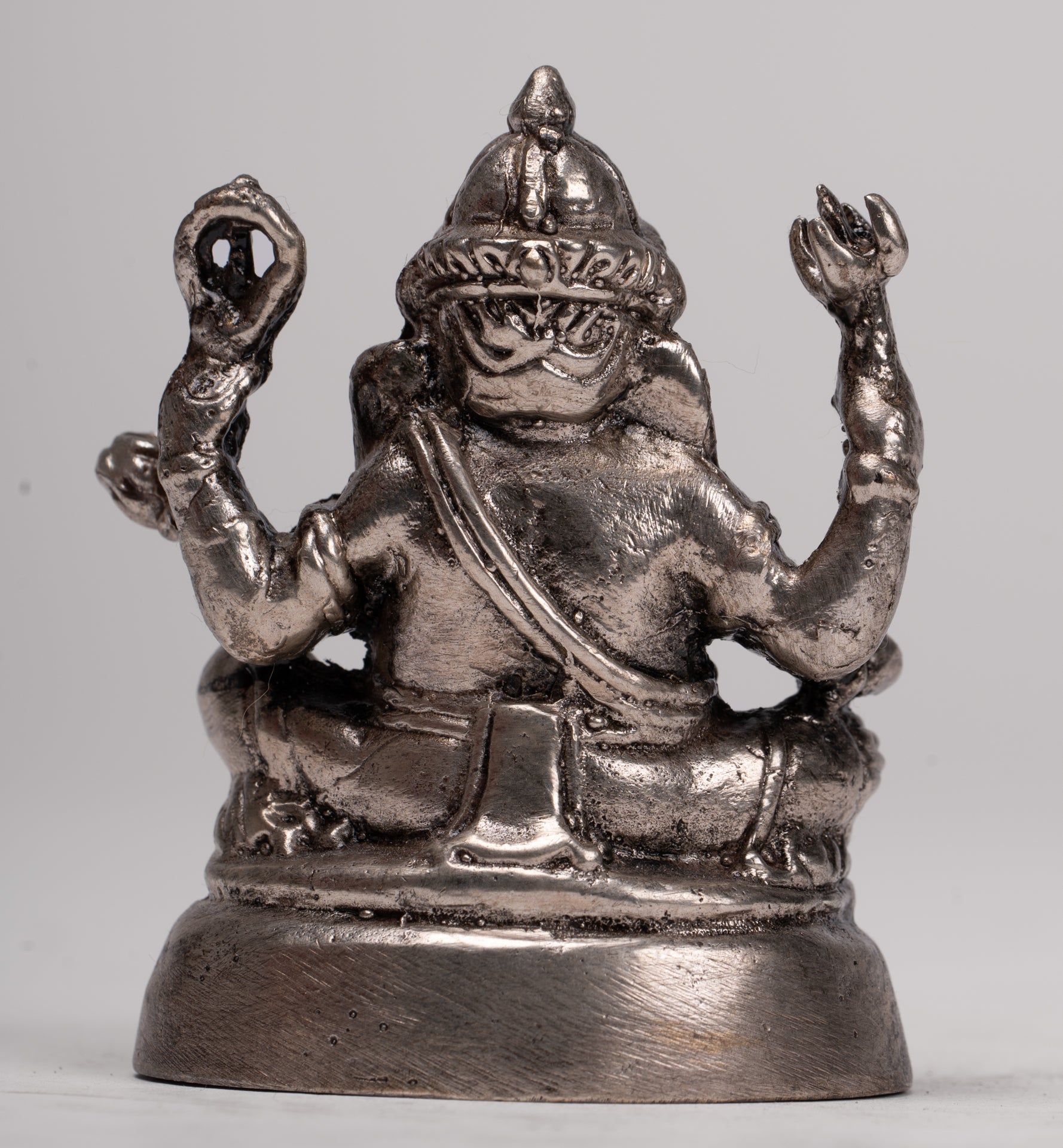 Ganesha Statue - Antique Thai Style Bronze Seated Silver Ganesha Statue - 8cm/3"