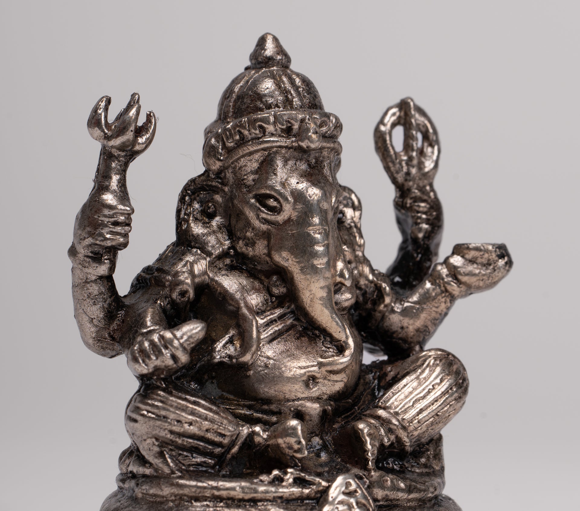 Ganesha Statue - Antique Thai Style Bronze Seated Silver Ganesha Statue - 8cm/3"