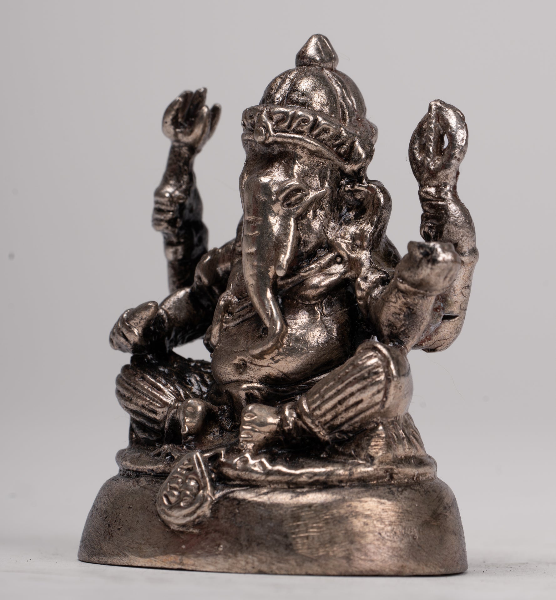 Ganesha Statue - Antique Thai Style Bronze Seated Silver Ganesha Statue - 8cm/3"