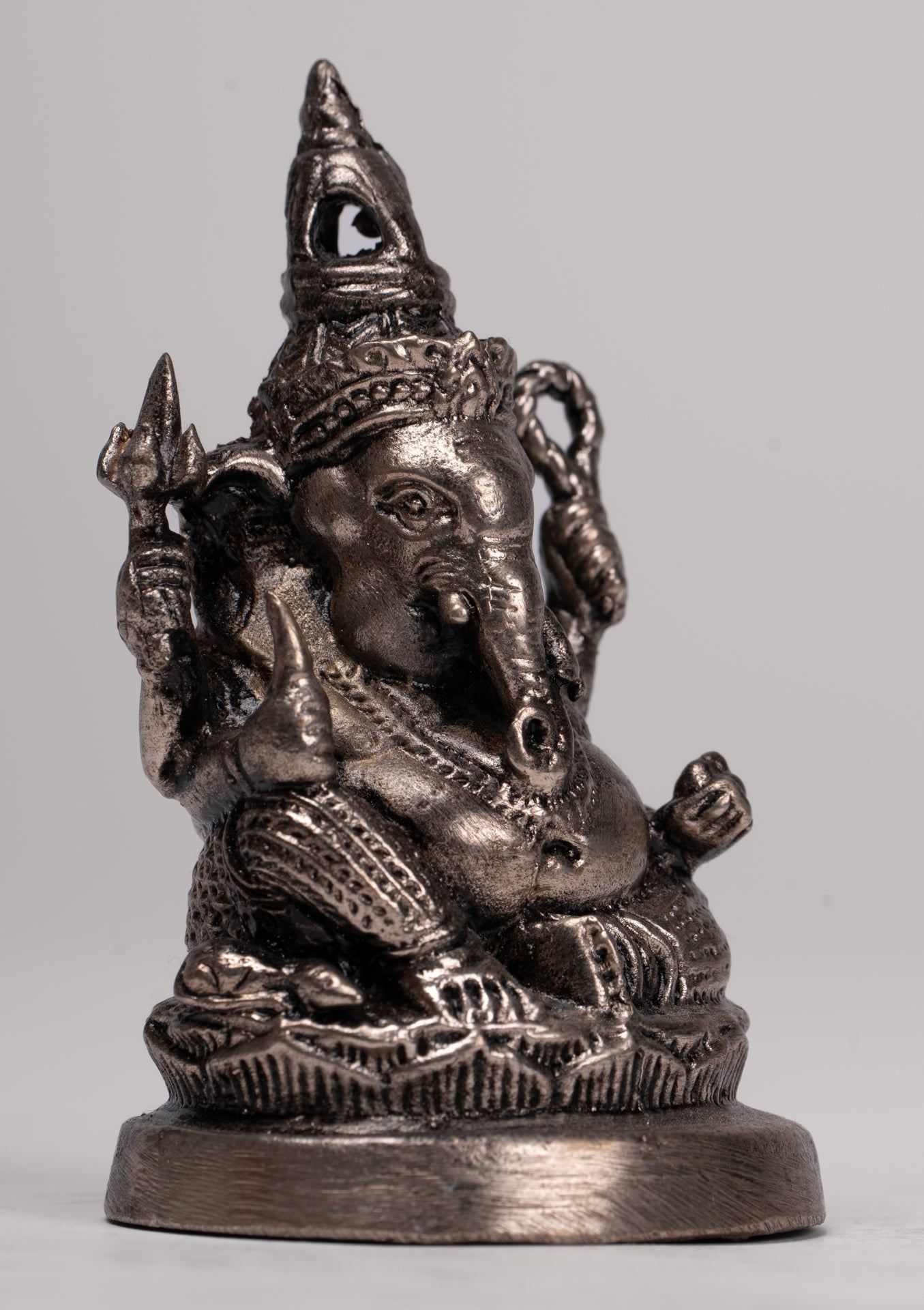 Ganesha Statue - Antique Thai Style Bronze Seated Silver Ganesha Statue - 8.5cm/3"
