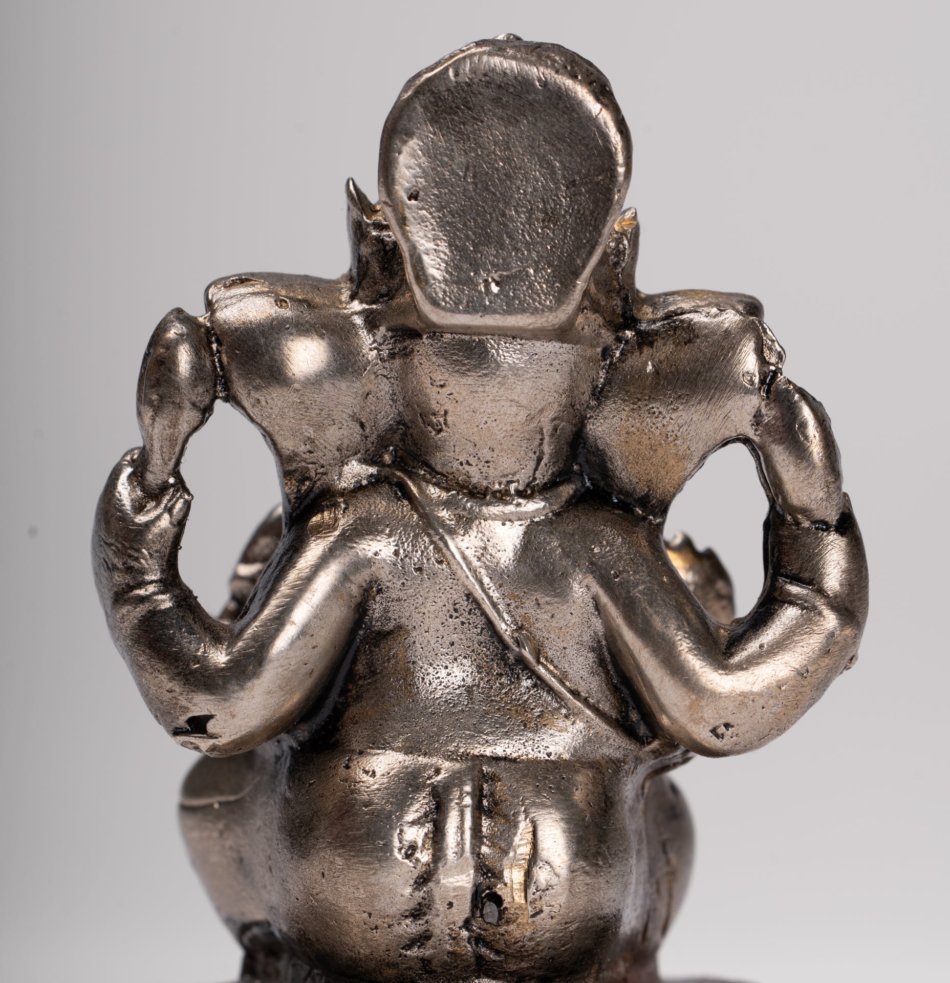 Ganesha Statue - Antique Thai Style Bronze Seated Silver Ganesha Statue - 8.5cm/3"