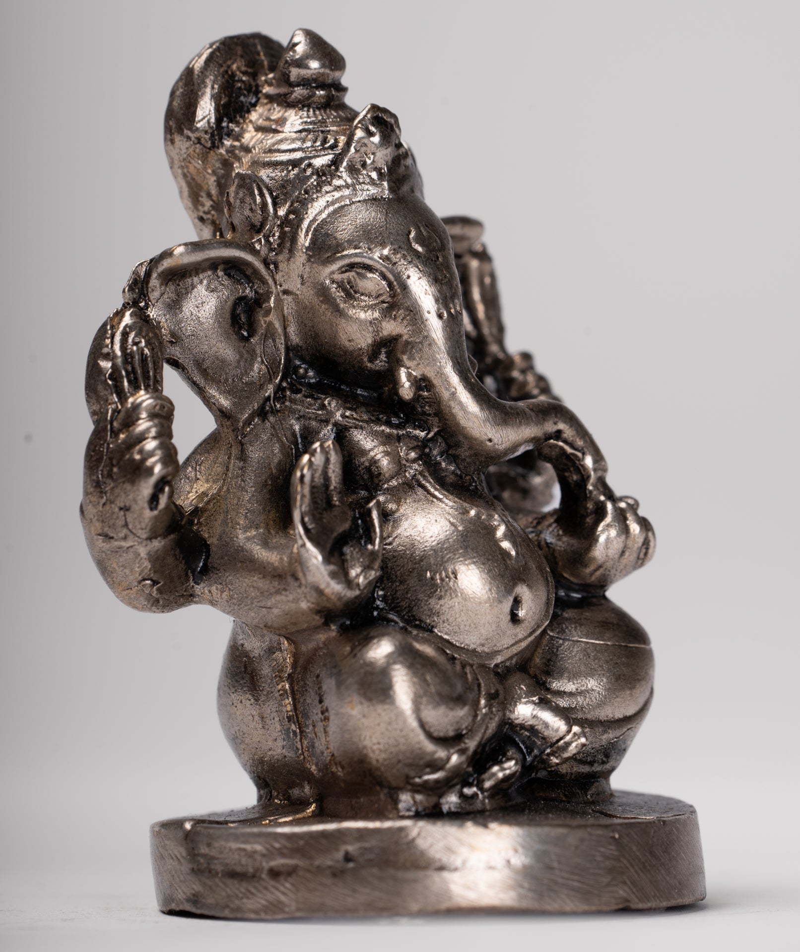 Ganesha Statue - Antique Thai Style Bronze Seated Silver Ganesha Statue - 8.5cm/3"