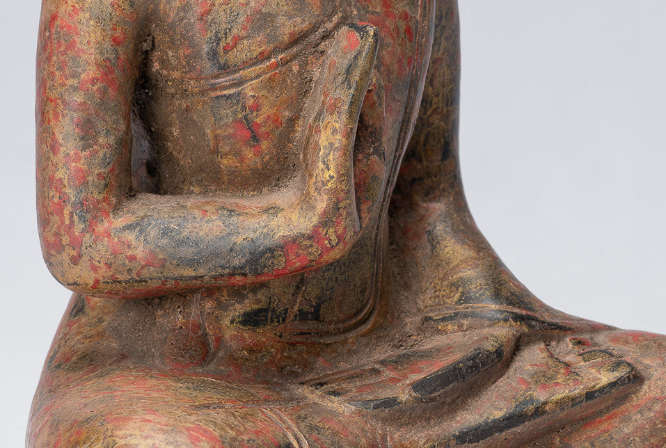 Sculpture de Bouddha – Bouddha – Statue de Bouddha assis en bois de style khmer antique, enseignement Mudra – 21 cm