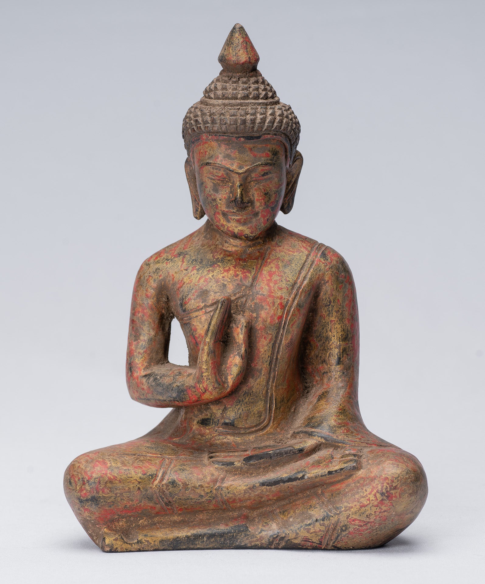 Sculpture de Bouddha – Bouddha – Statue de Bouddha assis en bois de style khmer antique, enseignement Mudra – 21 cm