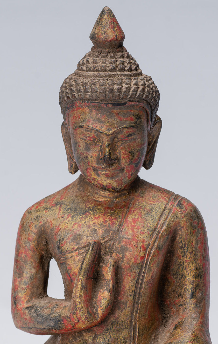 Sculpture de Bouddha – Bouddha – Statue de Bouddha assis en bois de style khmer antique, enseignement Mudra – 21 cm