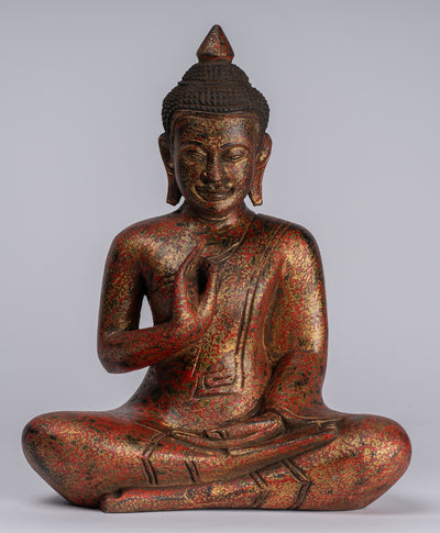 Buddha Statue - Antique Khmer Style Cambodia Seated Wood Buddha Statue Teaching Mudra - 31cm/12"
