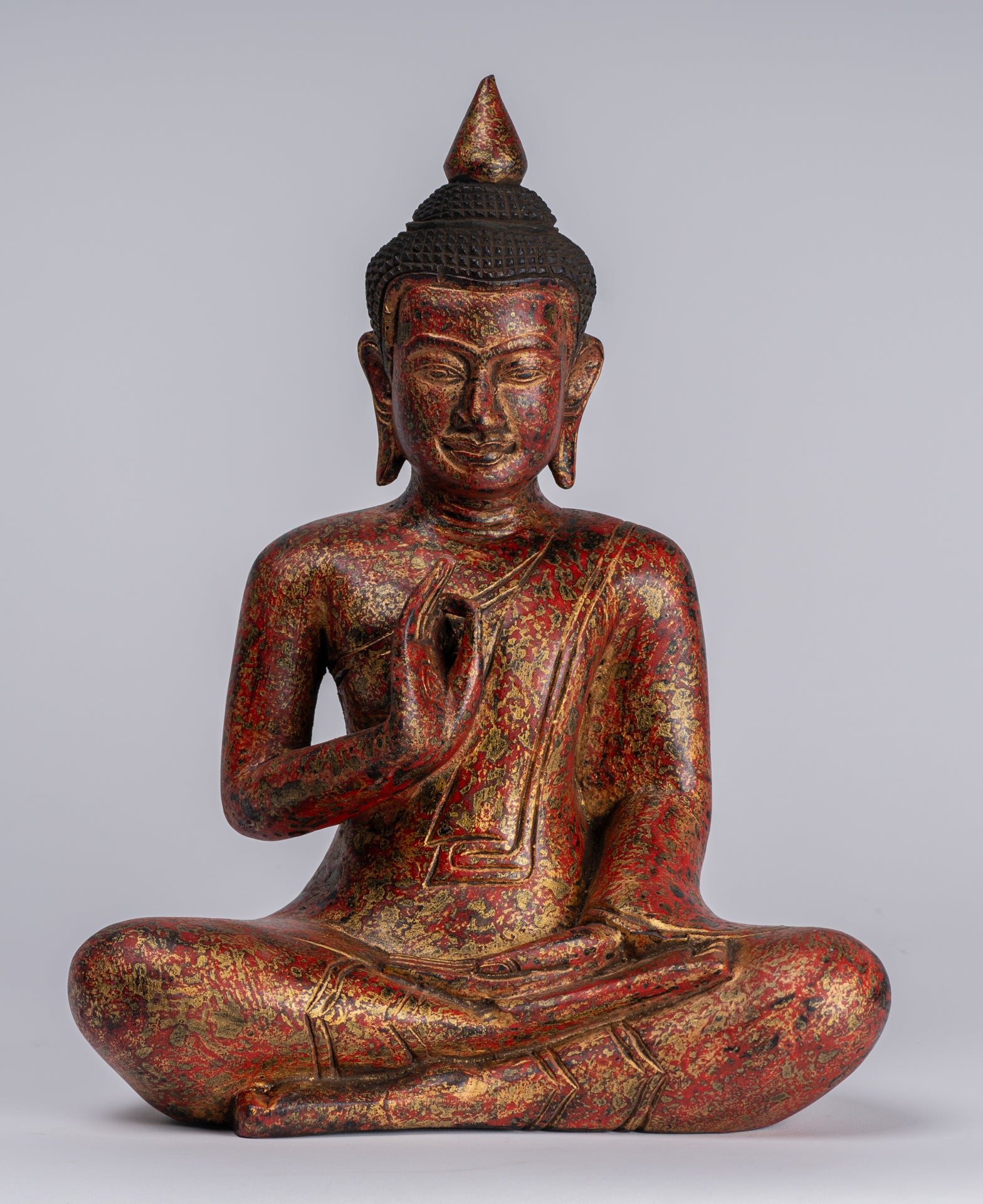 Buddha Statue - Antique Khmer Style Cambodia Seated Wood Buddha Statue Teaching Mudra - 32cm/13"