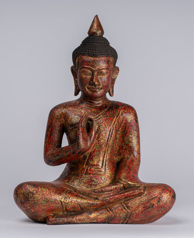Buddha Statue - Antique Khmer Style Cambodia Seated Wood Buddha Statue Teaching Mudra - 32cm/13"