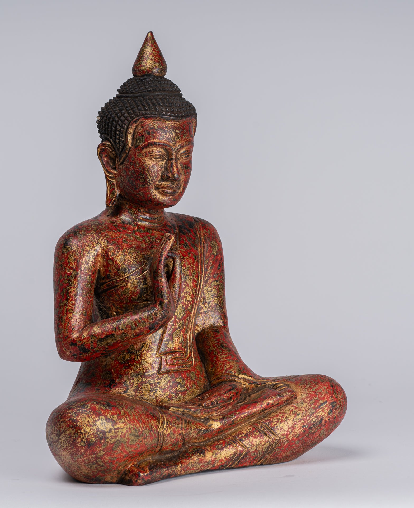 Buddha Statue - Antique Khmer Style Cambodia Seated Wood Buddha Statue Teaching Mudra - 32cm/13"