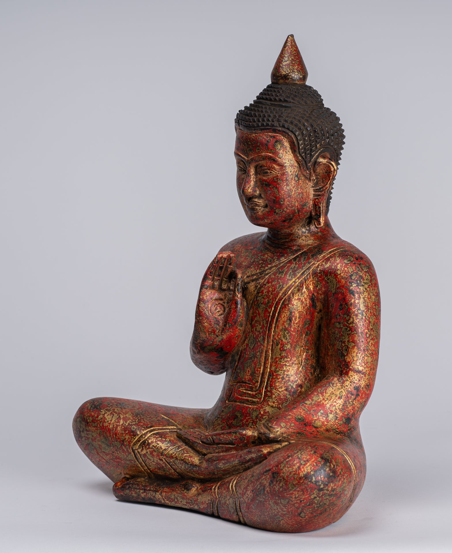 Buddha Statue - Antique Khmer Style Cambodia Seated Wood Buddha Statue Teaching Mudra - 32cm/13"