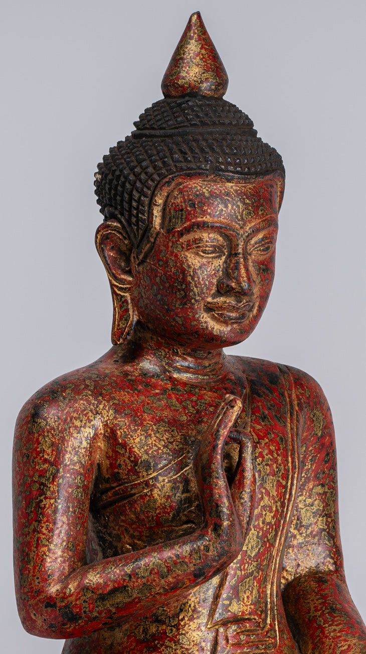 Buddha Statue - Antique Khmer Style Cambodia Seated Wood Buddha Statue Teaching Mudra - 32cm/13"