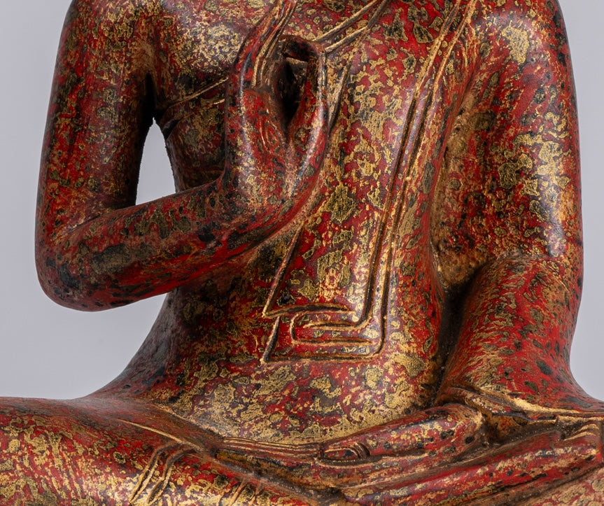 Buddha Statue - Antique Khmer Style Cambodia Seated Wood Buddha Statue Teaching Mudra - 32cm/13"